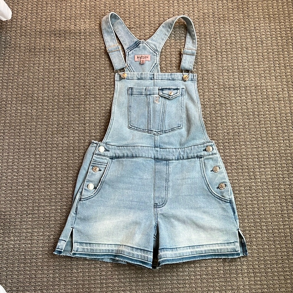 Juicy Couture Light Wash Raw Hem Denim Short Overalls